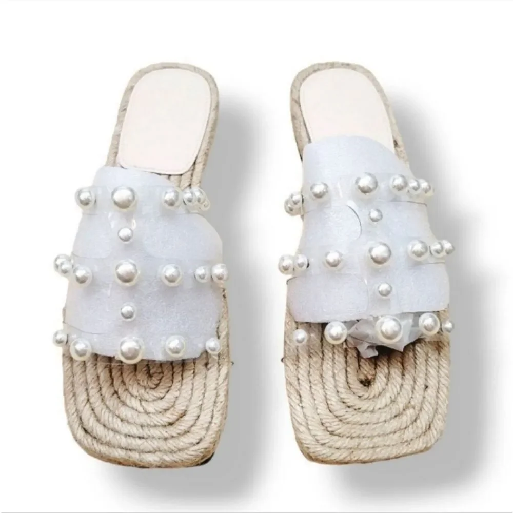 NEW Pearl Transparent Strappy Slip On Square Toe Jute Rope Sandal Size 36/6